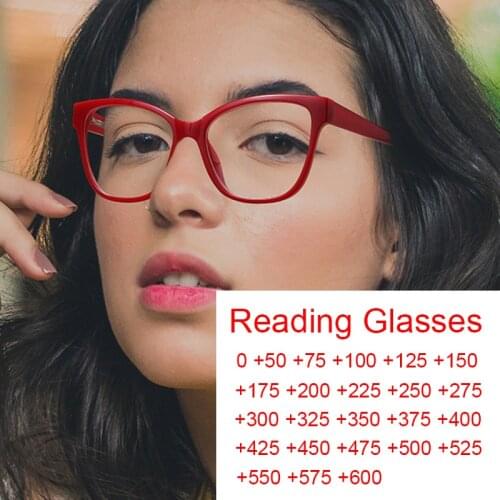 2021 Red New Square Reading Glasses Women Fashion Anti Blue Light Big Frame Glasses Clear Lens Farsightedness Eyewear 0 to +6.0