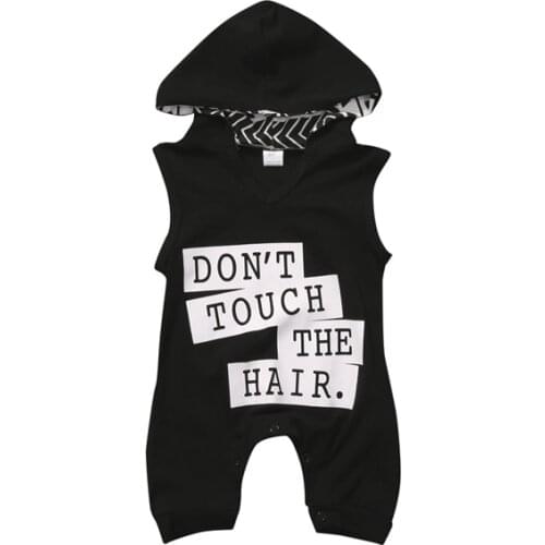 0-3Y Summer Casual Active Cotton Newborn Toddler Baby Boy Sleeveless Hooded Covered Button Letter Black Romper Jumpsuit Playsuit