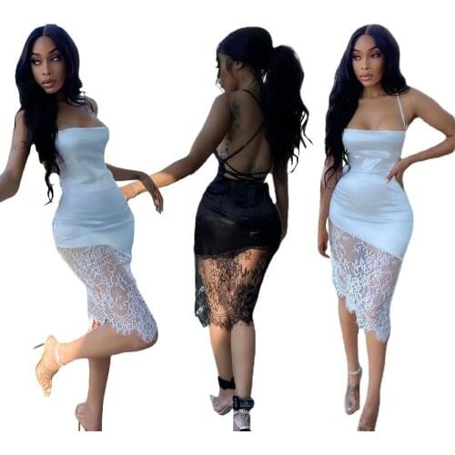 Cutubly Patchwork Mesh Dresses Casual Summer Backless Sexy Dresses For Women Club Spaghetti Straps Bodycon Party Dresses Girls