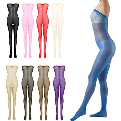 Sexy Women Oil Shine Crotchless Bodystocking Lingerie Open Crotch Body Stocking Babydoll Strapless Bodysuit Pantyhose