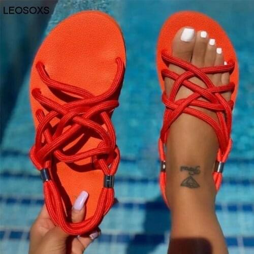 Womens Slippers 2021 Summer New Fashion Solid Color Large Size Hollow Cross Braided Rope Beach Flat Shoes Ladies Sandals