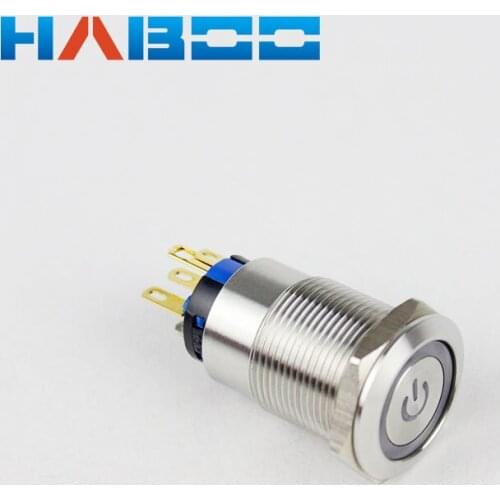 10pcs/lot stainless steal push button switch with led dia.19mm power symbol head DPST anti-vandal on-off latching switch 250V 3A