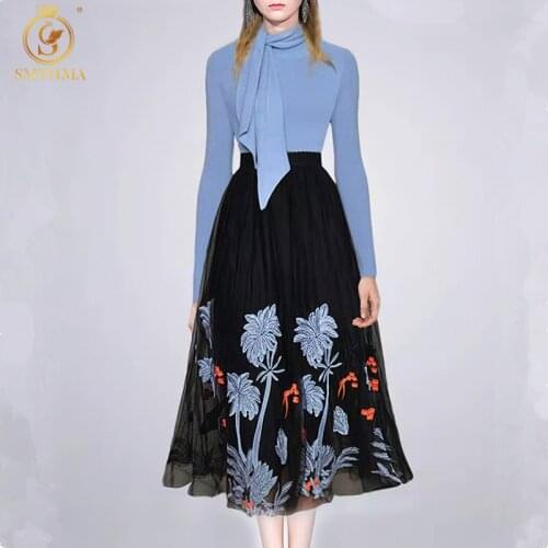SMTHMA 2021 New Autumn And Winter Long Sleeve Blue Knitted Sweater + Elastic High Waist Mesh Embroidery Two Piece Skirt Suit