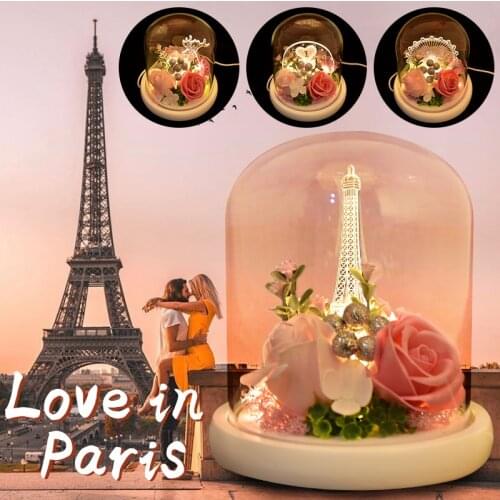 LED Lighted Aromatherapy Soap Rose Glass Dome Creative Ferris Wheel Eiffel Tower Flower Wedding Decor Birthday Valentine Gifts