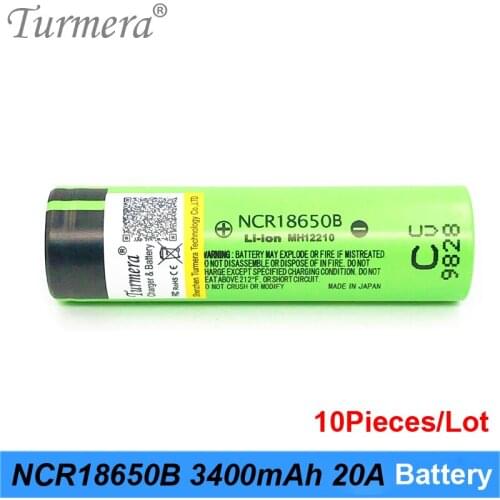 Turmera 100% Original 18650 Battery NCR18650B 3.7V 3400mAh 20A Rechargeable Lithium Battery for Screwdriver Flashlight 10Pieces