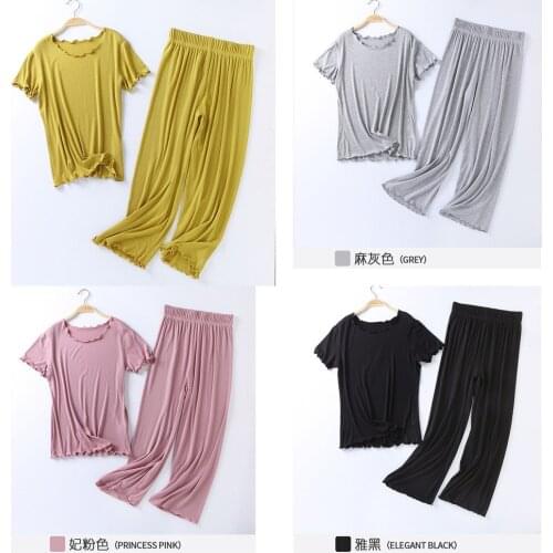 Japanese Summer New Ladies Cotton Modal Short-sleeved Nine-point Pants Suit Home Service Suit Womens Large Size Home Pajamas