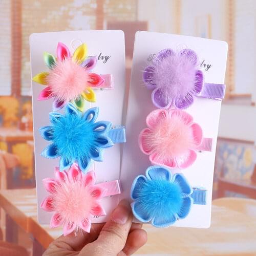 2pcs Handmade Ribbon Flower Hair Clips Mink Hair Ball Snap Pins Vintage Festival Cosplay Party Headwear Girls Hair Accessories