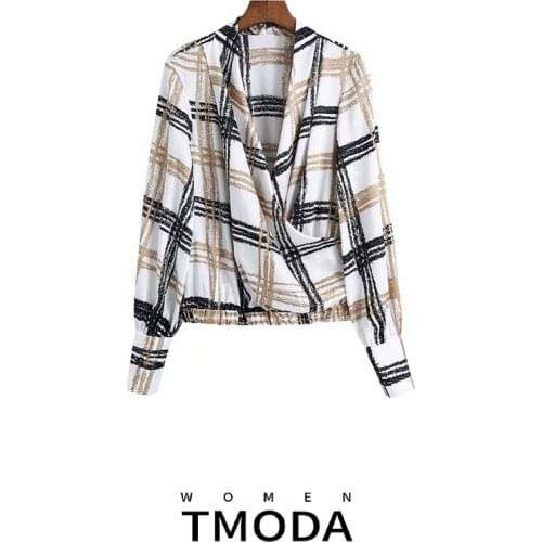 TMODA1213 Women 2021 Chic Fashion Check Print Cropped Blouses V-neck Vintage Long Sleeve Back Elastic Hem Female Shirts Tops