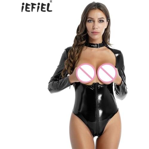 Women Wet Look Shiny Patent Leather Bodysuit Open Nipples Underwear Zipper Open Crotch Jumpsuit Long Sleeve High Cut Clubwear