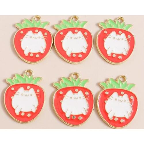 10pcs 19*25mm Enamel Zinc Alloy Pendants Cat Strawberry Charms for Necklaces Earrings Making Accessories DIY Handmade Jewelry