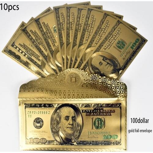 10 PCS 24K Gold Foil 100 Dollar USD Collection Banknotes with Envelope