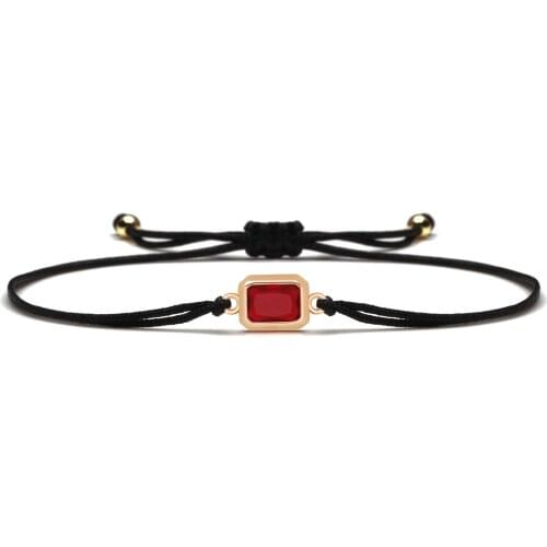 AAA Red Cubic Zirconia Stone Micro Paved Brass Rectangle Charm Bracelet Korean Delicate CZ Black String Handmade Jewelry Present