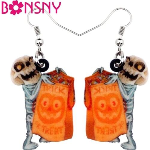 Bonsny Acrylic Halloween Novelty Troublemaker Skull Earrings Big Long Dangle Drop Fashion Jewelry For Girls Women Ladies Teens