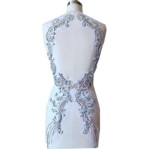 Pure hand made sew on silver Rhinestones applique on mesh crystals patches 69*17X2 for dress DIY dress accessory