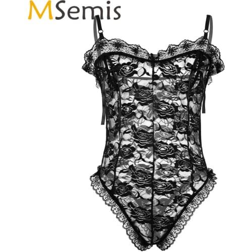 Mens Hot Nightwear Sexy Spaghetti Straps Transparent Floral Lace Bodysuit Male Gay Nipple Splits High Cut Teddies Sissy Catsuit