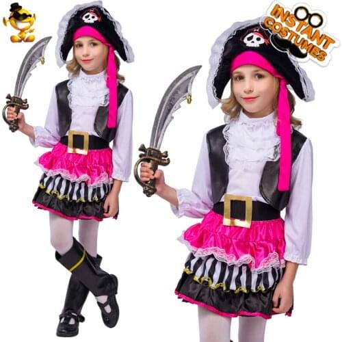 DSPLAY Girls Pirate Costume New Style Halloween Kids Birthday Day Gift Carnival Girls Fancy Dress Cute Pirate Costume With Hat