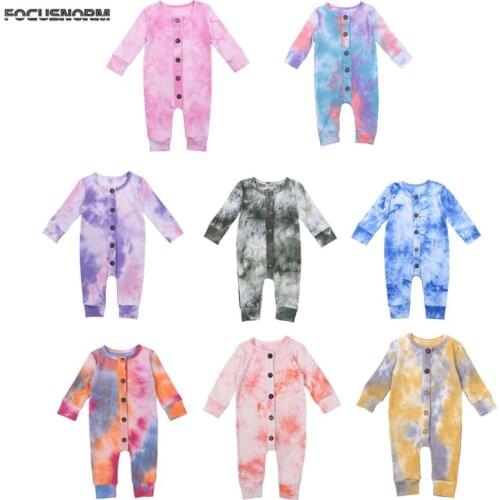 FOCUSNORM 0-24M Autumn Boys Girls Tie-Dye Rompers 8 Colors Single Breasted Long Sleeve Printed Jumpsuits 5 Colors
