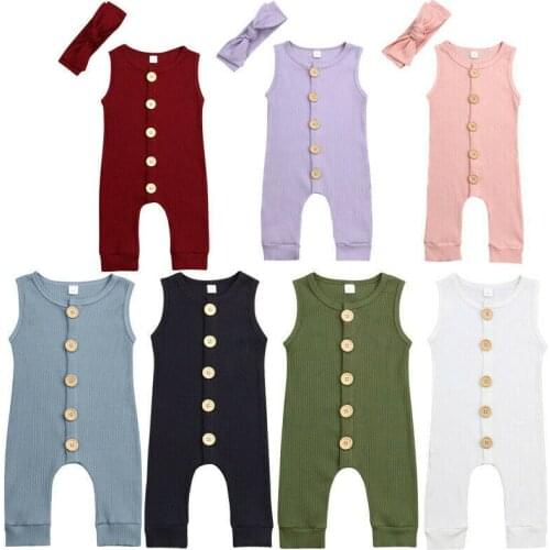 PUDCOCO Infant Toddler Baby Boys Girls Cotton Button Sleeveless Romper Jumpsuit Headband Clothes 2Pcs Outfits 0-18M