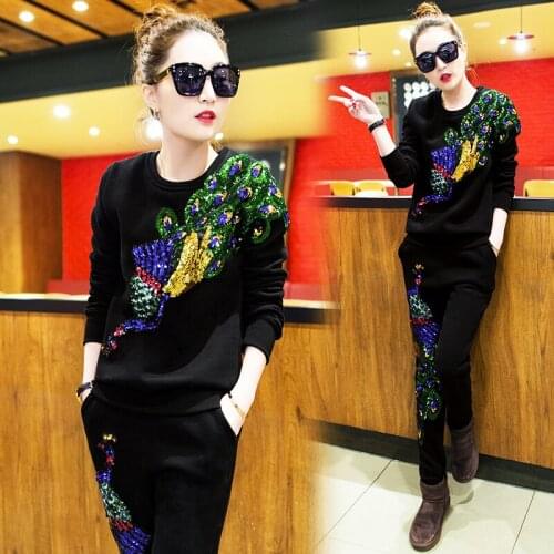 Cotton Spring Peacock Sequin Sports and Leisure Suit Women 2021 New Sweater Two-piece Womens Pants Suit