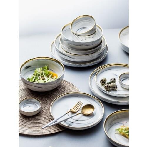 New European style marble gilt tableware set, ceramic bowl, soup bowl, flat plate, shallow plate, deep plate, main course plate