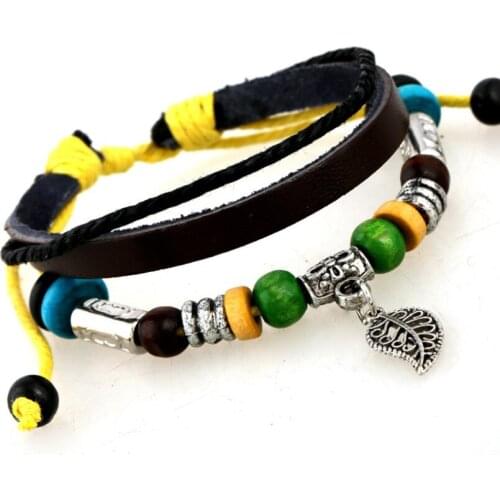 Fashion Leaf Beads Bracelet Adjustable Wrap Leather Vintage Retro Foliage Charms Bangle Wristbands Men Women Punk Jewelry Gift