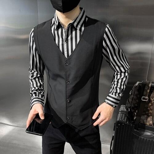 Fashion Fake-2Pieces Vest Spliced Striped Shirt Men Clothing 2021 Simple Slim Fit Long Sleeve Casual Chemise Homme Club Tuxedo