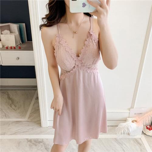 Summer New Deep V Sexy Sling Nightdress Satin Chiffon Nightwear Home Wear Casual Nightgown Women Lace Sleepwear Night Dress