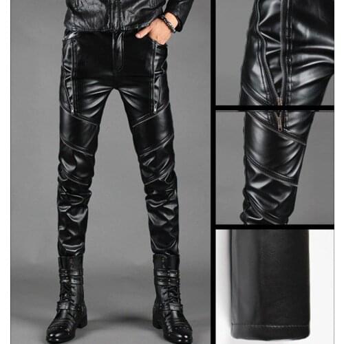 New Autumn Winter Mens Pants Fake Leather Trousers Causal Pencil Slim PU Pant Waterproof Moto&biker Trouser Haircutter pant