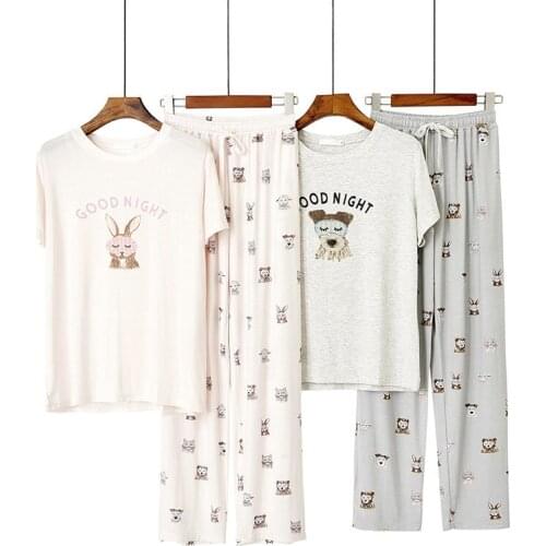 Short Pyjama Femme Summer Cotton Modal Short-sleeved Sleep Tops with Cartoon Design Printing Home Shorts Pajama Woman