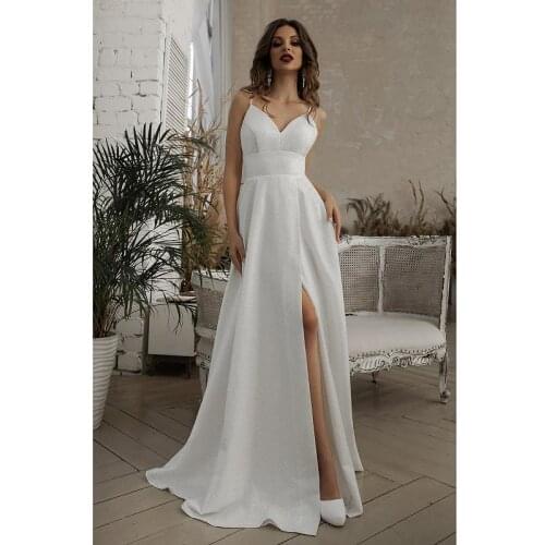 Simple Shiny V-Neck Spaghetti Straps Floor-Length A-Line Wedding Gowns Chapel Train Custom Made Bridal Dresses