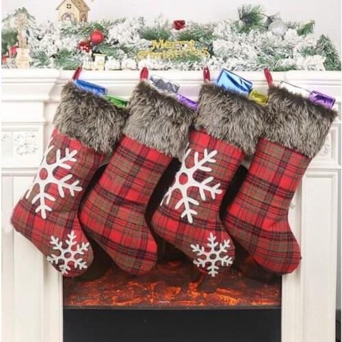 Christmas Stockings 4 Pcs 18 Inches Burlap with Large Plaid Snowflake Stockings for Family Holiday Xmas Party Decorations