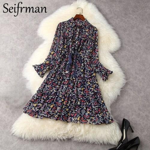 Seifrmann New 2021 Summer Women Fashion Designer Party Midi Dress Flare Sleeve Bow Sashes Floral Printed Ladies Chiffon Dresses