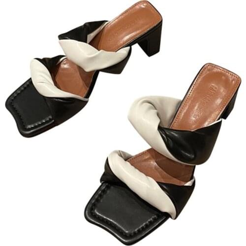 Summer Women Slippers Slip On Fashion Ladies High Heels Woman Shoes Outdoor Slides Female Square Toe Sandals 2021 New