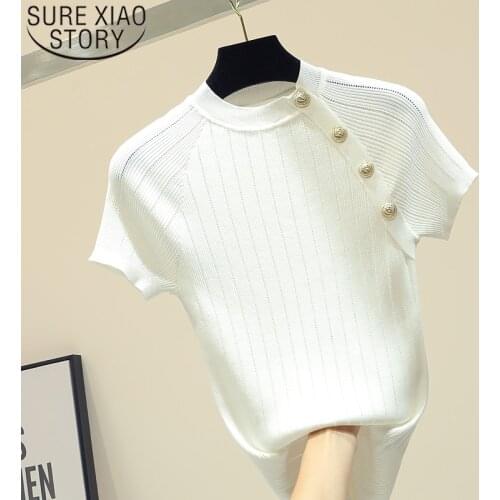 Korean Thin Knitted White Shirts Button Short Sleeve Women Tops 2021 Summer Solid Casual Shirts Female Tee Shirt Femme 8783 50