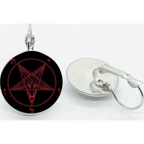 Punk Gothic Reverse Pentagram Earrings Satanism Red Goat Head Pattern Glass Round Earrings, Ladies Jewelry