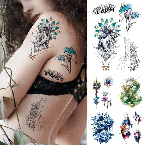 Waterproof Temporary Tattoo Stickers Horse Peony Flower Color Flash Tattoos Female Geometric Pattern Arm Body Art Fake Tatoo Men