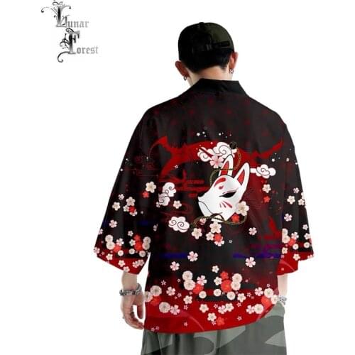 Sakura Fox Mask Cool 3D Printing Japanese Kimono Haori Yukata Cosplay Women/Men Fashion Summer Casual Short Sleeve Streetwear