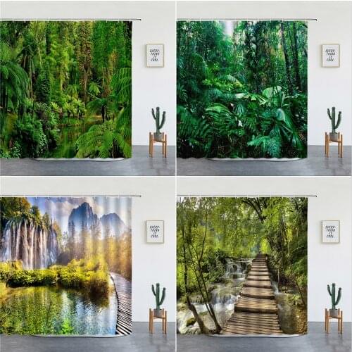 Green Tropical Plants Shower Curtains Set Forest Leaves Natural Scenery Wall Hanging Bathroom Decor Bathtub Screen With Hooks