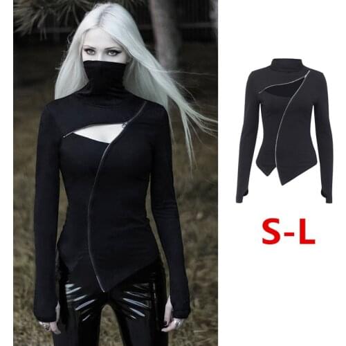 Autumn Fashion Shirt Female Long Sleeve Black Top with Zipper Hollow Shirt Gothic Streetwear Stand Collar Tops