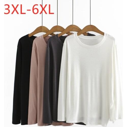 New 2021 Ladies Autumn Winter Plus Size Basic Tops For Women Large Long Sleeve Slim Elastic Cotton White T-shirt 3XL 4XL 5XL 6XL