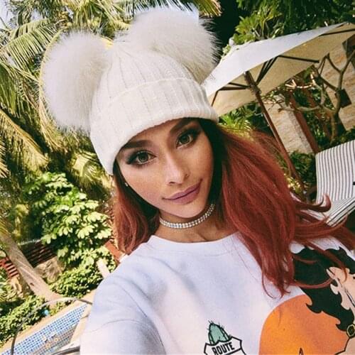 AWAYTR Fur Ball Cap 2 Pom Poms Winter Hat for Women Girl 's Wool Hat Knitted Cotton Beanies Cap Brand New Thick Female Cap