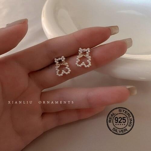 925 Sterling Silver Earrings For Women Pearl Bear Hollow Cute Retro Design Korean Personality Sweet Fashion Girl Jewelry INEFFA