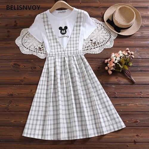 Japanese Lolita Style Summer Women Sundress Fake Suspenders Plaid Patchwork O-Neck Dress Elegant Cute Kawaii Mori Girl Dress