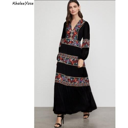 Khalee Yose Floral Embroidery Maxi Dress Autumn Boho Vintage Chic Women Dresses Long Sleeve V-neck Ethinic Hippie Ladies Dress