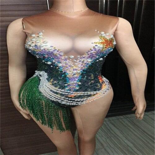 K87 Women stage wears bodysuit printed jumpsuit female Pearl tassel outfit dresses party clothe singer pole dance costumes disco