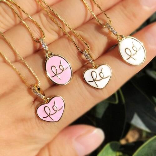 Pink cute Heart Pendant Necklace Gold Color Chain white oval Pendant Cubic Zircon Heart Necklace women party Jewelry Girl Gifts