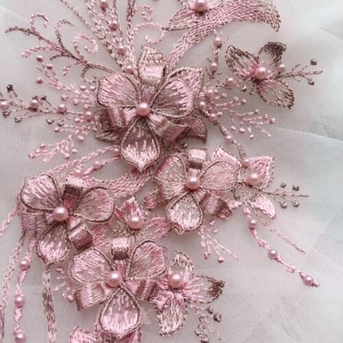 1 Piece 30*15cm Elegant 3D Flower Embroiderey Pearl Beaded Lace Applique Lace Trim Dress Fabrics Material Gold/Champagne/Pink