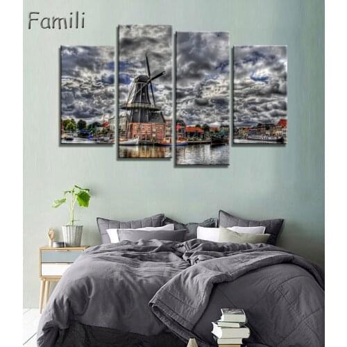 4pcs/set Modern Netherlands city Canvas art Painting on the Wall Modular Pictures vintage home decor Canvas Painting for Living