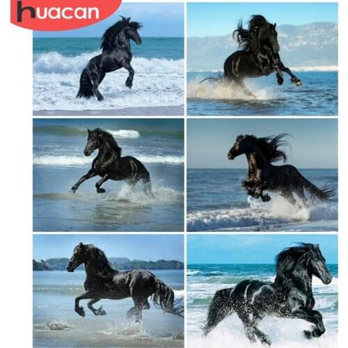 HUACAN 5D Full Drill Diamond Painting Black Horse Diamond Embroidery Animal Mosaic Cross Stitch Wall Decor