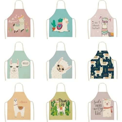 1PC Alpaca Cotton Sleeveless Aprons Cactus Linen Printed Kitchen Women Pinafore Home Cooking Baking Waist Bib 53*65cm WQL0149